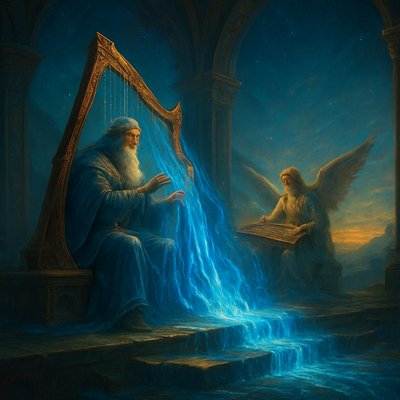 A wide-angle, epic and majestic fantasy-realism style illustration for ArtStyles, based on Psalm 92:3, capturing a grand, celestial-inspired musician at dawn. In a mystical, open-air temple balcony under a starry sky a majestic figure with blue and silver robes is seated. Before the figure are two elaborate instruments.
One is a unique, gilded and carved wooden harp with a distinct triangular frame, which is explicitly and clearly shown with EXACTLY 10 AND ONLY 10 distinct, visible, and countable strings stretched taut. The strings are glistening with cool, deep blue and golden light as the musician plucks them. Nearby, a beautiful, multi-stringed wooden psaltery (a trapezoidal zither-like instrument) sits on a stand being played by an angel.
As the musician plays, glowing streams of illuminated, cascading blue and indigo water, visualized as physical music, emanate directly from the vibrating strings of both the ten-string harp and the psaltery. This water-music does not fall as rain, but flows down and out in majestic, powerful, yet gentle streams, just like an outpour from a vessel. The water-music pools into a crystal-clear basin below the instruments, and then cascades over a series of carved crystal steps, spreading out across the temple floor and into a valley, illustrating the sound going out. The "solemn sound" is visualized through the deep, rich colors of the flowing water and the light within it, and the steady, powerful, and calming nature of the flow. The atmosphere is solemn, peaceful, and epic. No text or labels are on screen. The lighting is early morning gold and blue. Detailed fabric textures and wood grain are visible.