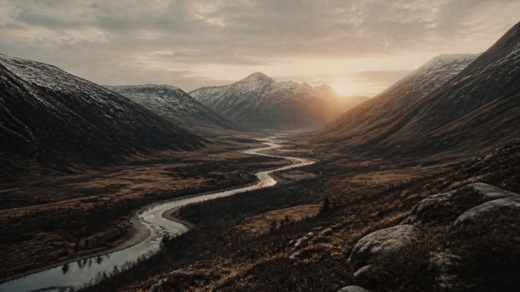 a vast valley with a river winding toward distant mountains at sunrise, no people, no text