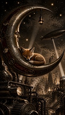 a sleeping baby fox curled on a crescent moon among soft stars, gentle and warm, no text