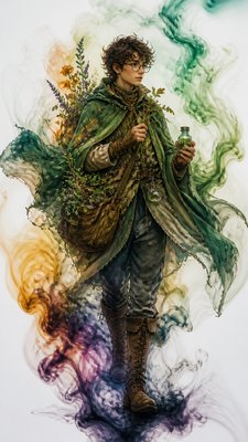 full-body original character: a wandering botanist with a satchel of plants, a patched green cloak, tall boots and round glasses, neutral background