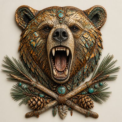 a roaring bear head above crossed pine branches, bold graphic composition on a plain background, no text