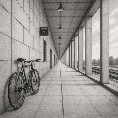 bicyle resting against a wall — One-Point Perspective Art Style