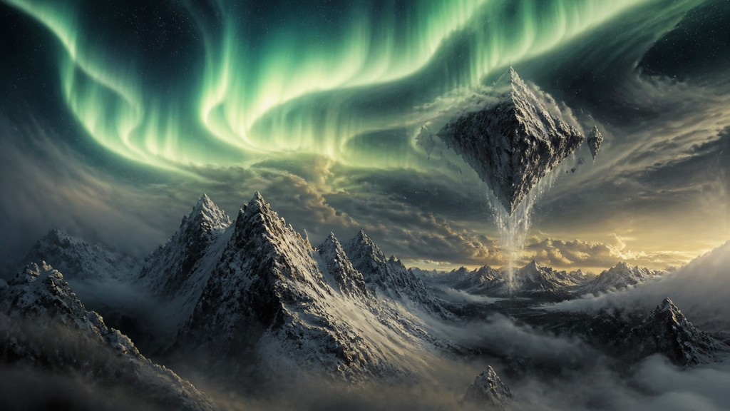 a flowing aurora over snowy peaks, wide sweeping composition, no people, no text