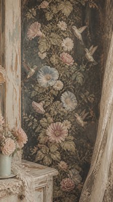 a climbing vine of flowers and hummingbirds on a dark background, tall wrapping composition, no text