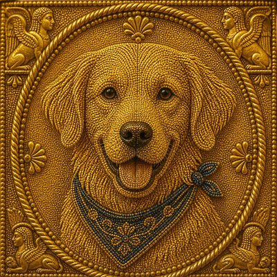 portrait of a golden retriever wearing a blue bandana, warm plain backdrop, no text