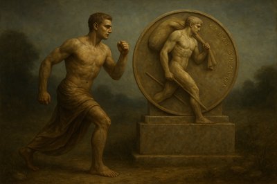 a painting of a man standing next to a statue