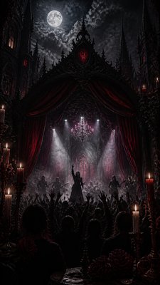 a live music scene with a glowing stage and silhouetted crowd, energetic vertical composition with open space at the top, no text
