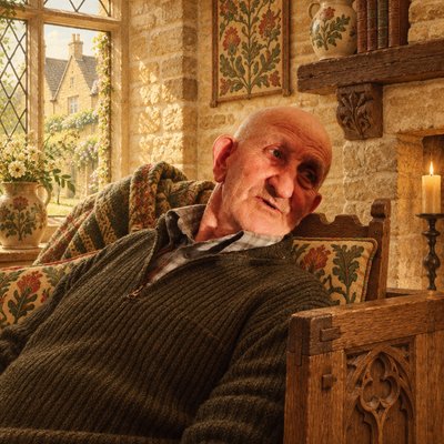 an old man sitting in a chair in a room