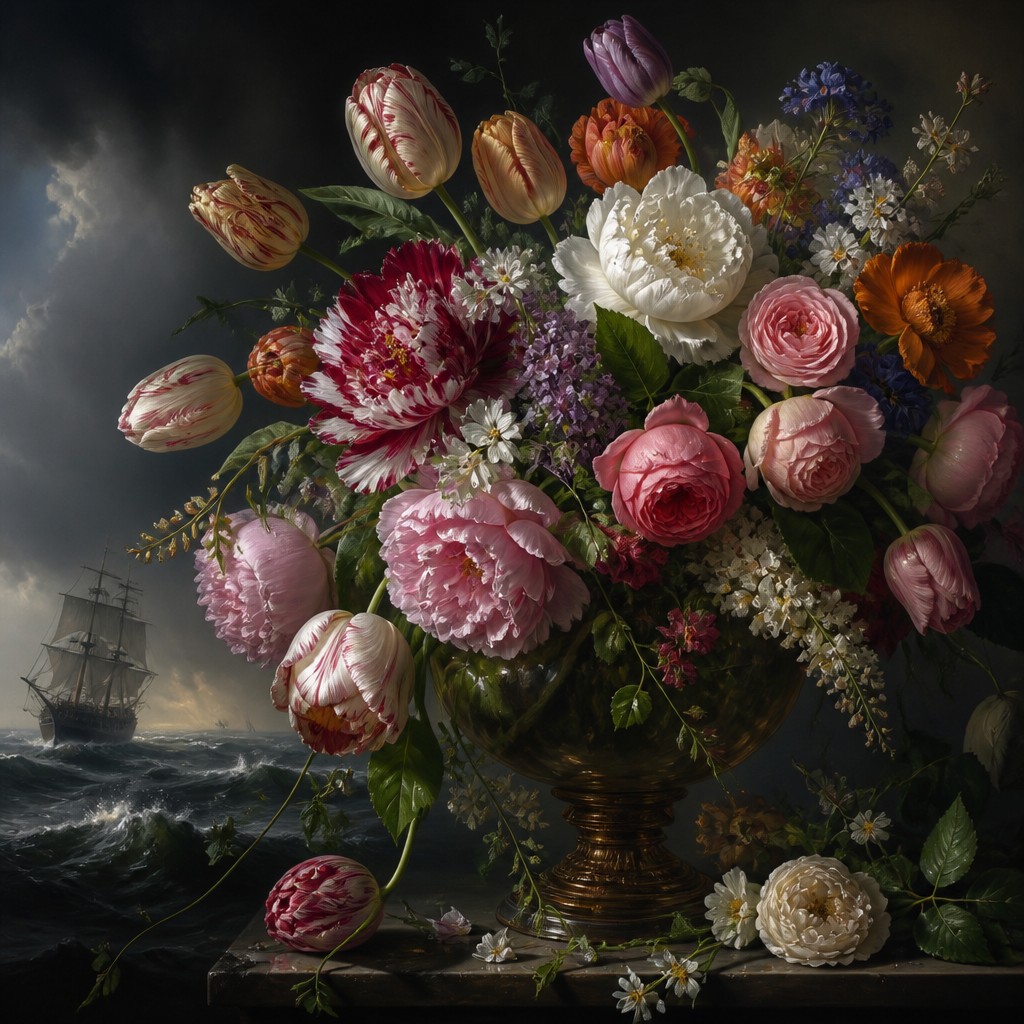 sailing ship on a stormy sea — Flower Painting Art Style