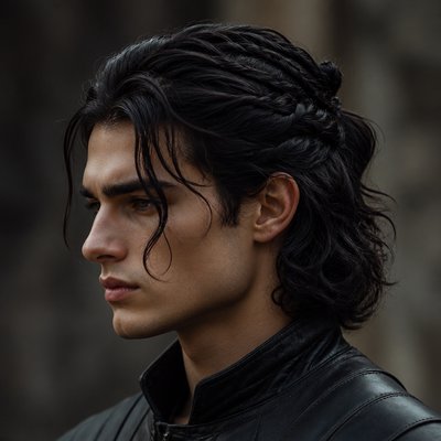 OK, je veux que tu me fasses genre, je m’en fous du visage là je veux que tu me fasses des cheveux noirs d’homme alors en gros tu vas bien m’écouter, je veux qu’ils aient la longueur qui arrive jusqu’à la nuque un peu ondulé très très légèrement ondulé. Alors une petite mèche en haut qui dépasse et qui retombe le long du nez . Et les cheveux sont alors en gros y a les cheveux de la nuque qui sont libres et les cheveux du haut du crâne et sur les côtés qui sont attachés en arrière avec des tresses un peu à la Targarien, je veux un mélange de deanarys Targaryen et la coupe célèbre de Jon Snow, un peu vraiment exactement la même coupe que daeron , mais avec tes tresses quoi pour décorer un peu avec des cheveux noirs