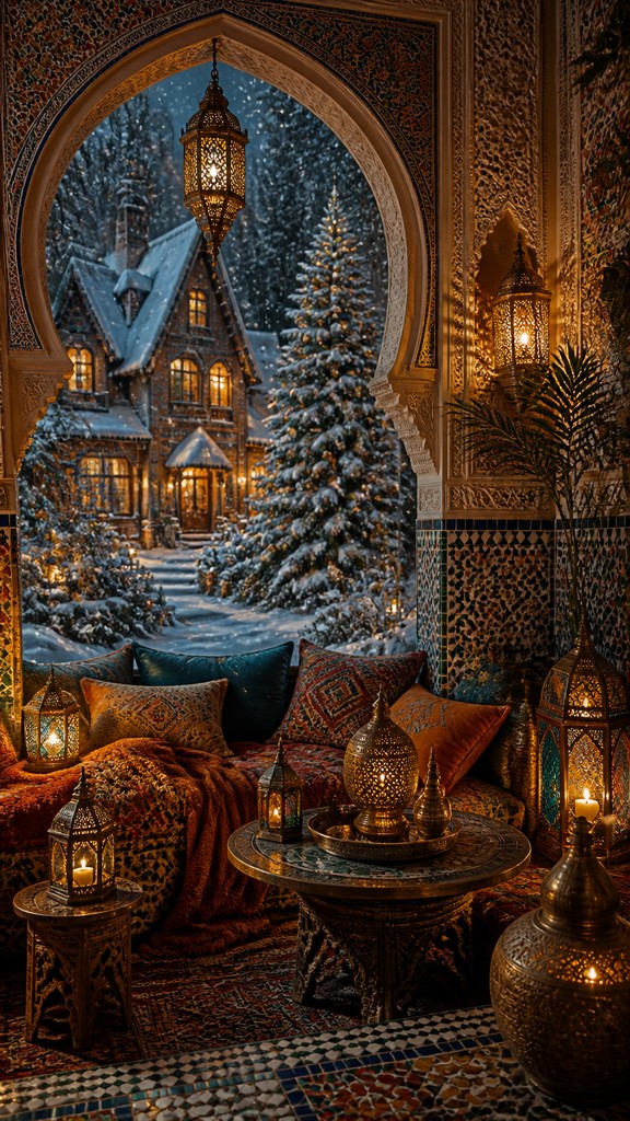 a snow-covered cottage with warm glowing windows beside a decorated pine tree, gentle snowfall, no text