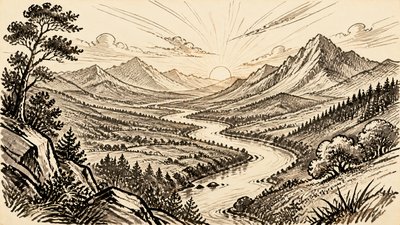 a vast valley with a river winding toward distant mountains at sunrise, no people, no text