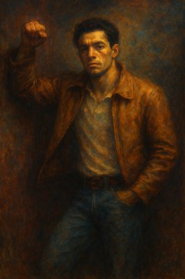 a painting of a man in a leather jacket