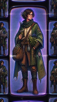full-body original character: a wandering botanist with a satchel of plants, a patched green cloak, tall boots and round glasses, neutral background