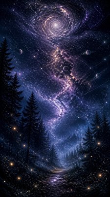 a mysterious forest path with fireflies and drifting mist, atmospheric vertical composition with open space at the top, no text