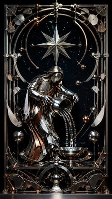 a robed figure pouring water beneath a large eight-pointed star in a night sky, symmetrical composition with an ornate decorative border, no text