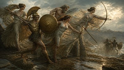a painting of a group of people with spears