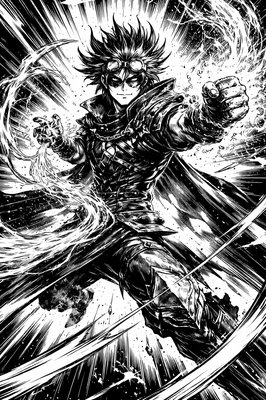 a black and white drawing of a man with a sword