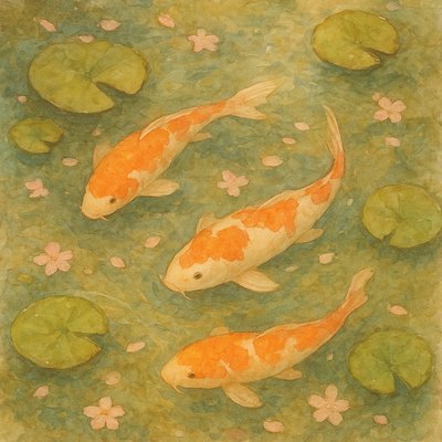 A koi pond seen from above, orange and white koi fish swimming among lily pads, clear water with subtle ripples, fallen cherry blossom petals floating on the surface, dappled sunlight