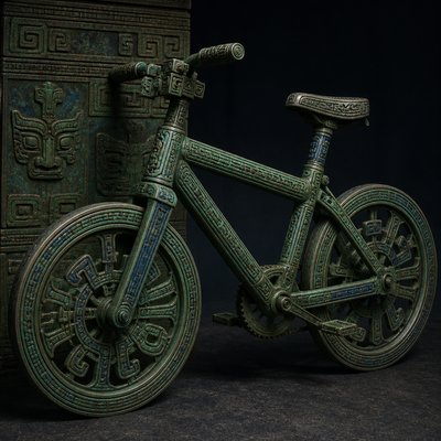 bicyle resting against a wall — Ancient Chinese Bronze Art Style
