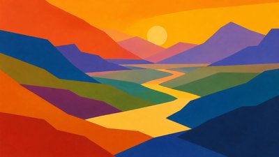 a vast valley with a river winding toward distant mountains at sunrise, no people, no text