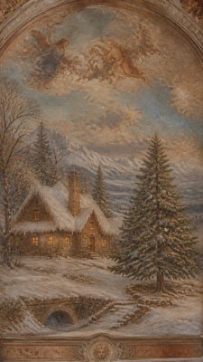 a snow-covered cottage with warm glowing windows beside a decorated pine tree, gentle snowfall, no text