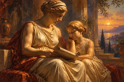 a painting of two women reading a book
