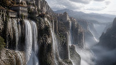 a cliffside city with waterfalls cascading into a misty canyon, wide establishing shot, no people, no text
