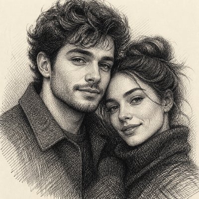 portrait of two people together — Cross-Hatching Drawing Style