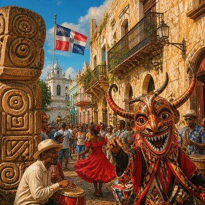 urban street with city activity — Dominican Art Style