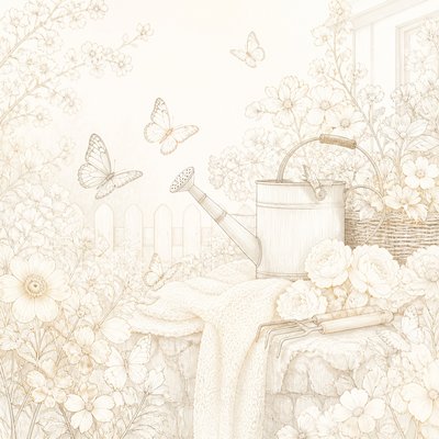 a garden scene with butterflies, flowers and a watering can, clean uncolored line art, no text