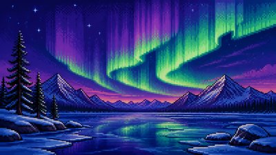 a sweeping aurora over a frozen lake, no people