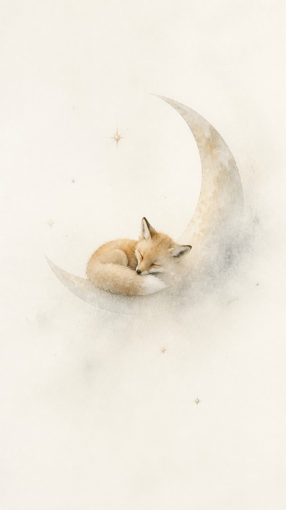 a sleeping baby fox curled on a crescent moon among soft stars, gentle and warm, no text