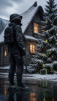 a snow-covered cottage with warm glowing windows beside a decorated pine tree, gentle snowfall, no text