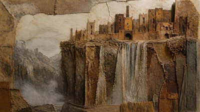 a cliffside city with waterfalls cascading into a misty canyon, wide establishing shot, no people, no text