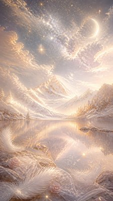 a tranquil mountain lake beneath a starry night sky, no people, no text