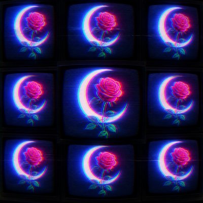 a rose entwined with a crescent moon, clean balanced composition on a plain background, no text