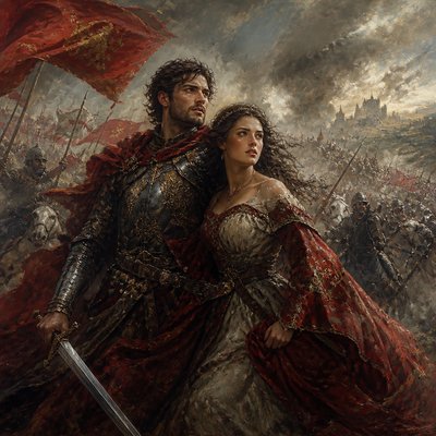 portrait of two people together — Battle Scene Painting Style