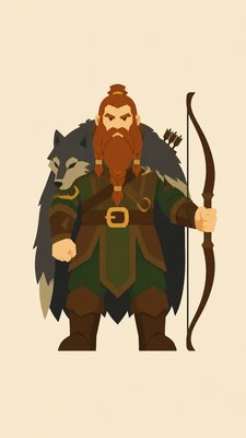 full-body original character: a dwarven ranger with a braided auburn beard, worn leather armor, a longbow and a wolf-pelt cloak, neutral background, no text