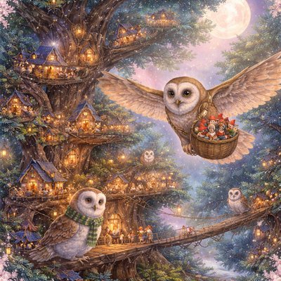 A detailed fantasy painting shows a sprawling gnome village built into the massive trunk and branches of an ancient tree at night. Numerous cozy wooden houses with blue-tiled roofs and glowing windows are nestled among the leaves, connected by intricate rope bridges, wooden walkways, and ladders. Gnomes in traditional red hats are visible on balconies and platforms. The primary mode of transport is large owls: a giant barn owl with a leather harness and basket filled with gnomes lands on a main platform, while another owl wearing a scarf perches on a lower bridge. Dozens of other owls are perched throughout the tree and in the background forest. A large, glowing full moon illuminates the scene, casting a magical light, with warm lanterns hanging everywhere. A gentle river flows at the base of the tree among forest flowers. The style is rich, textured, and whimsical