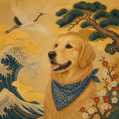 portrait of a golden retriever wearing a blue bandana, warm plain backdrop, no text