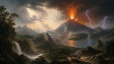 an erupting volcano with lightning strikes, dramatic wide composition, no text