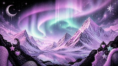 a flowing aurora over snowy peaks, wide sweeping composition, no people, no text
