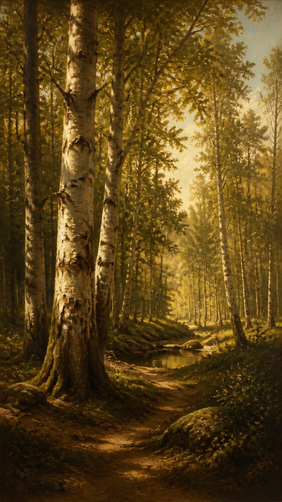 a serene birch forest in soft morning light, no people, no text