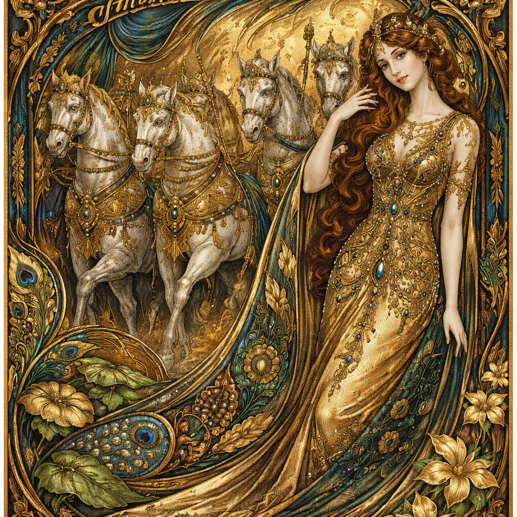 I have compared thee, O my love, to a company of horses in Pharaoh's chariots.
(Song of Solomon 1:9 KJV) in the style of Gustav Klimt,shimmering gold patterns,"elaborate symbolic designs,symbolic and allegorical composition