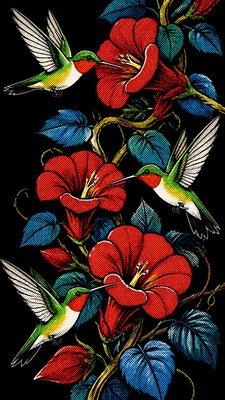 a climbing vine of flowers and hummingbirds on a dark background, tall wrapping composition, no text