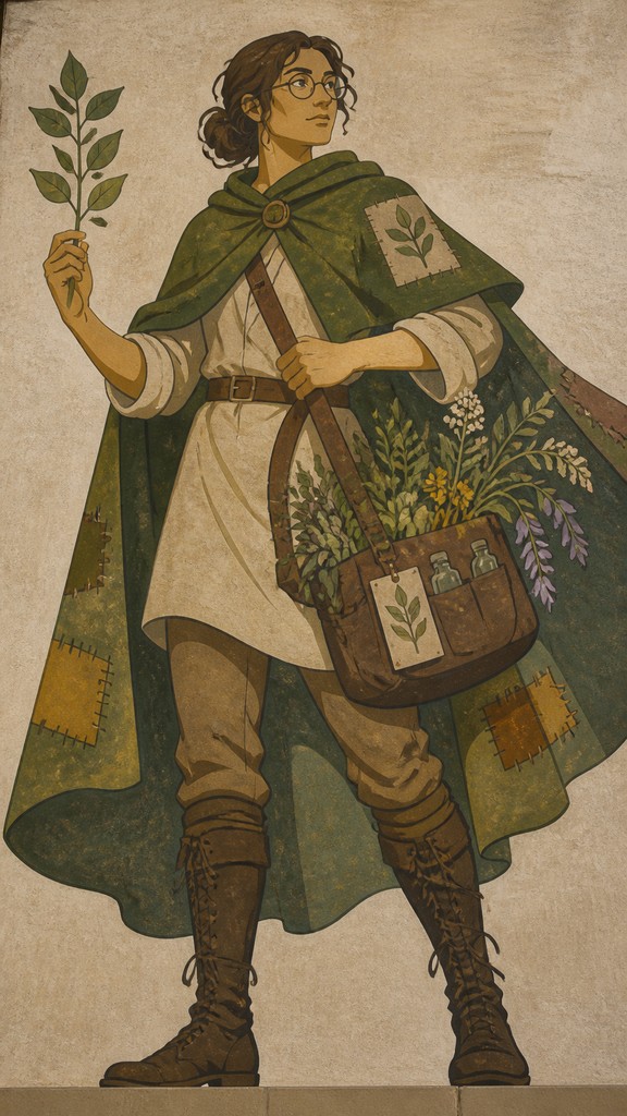 full-body original character: a wandering botanist with a satchel of plants, a patched green cloak, tall boots and round glasses, neutral background