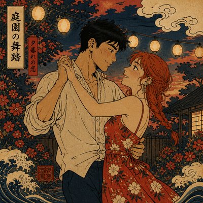 an original couple dancing under string lights in a garden at dusk: a man with short black hair in a linen shirt and a woman with braided red hair in a summer dress