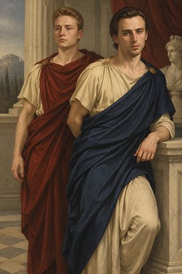 a painting of two men standing next to each other