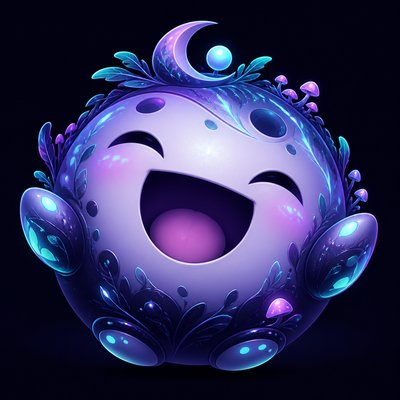 an exaggerated laughing face of an original round mascot character, bold and readable at small size, plain background, no text